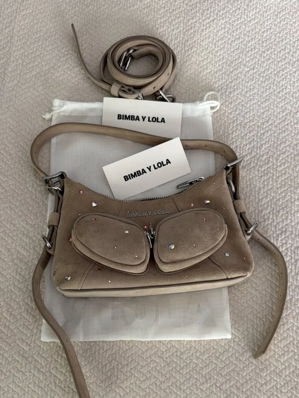 Bimba y Lola Embellished Suede Crossbody Bag – Beige/TaupeBeautiful Bimba y Lola